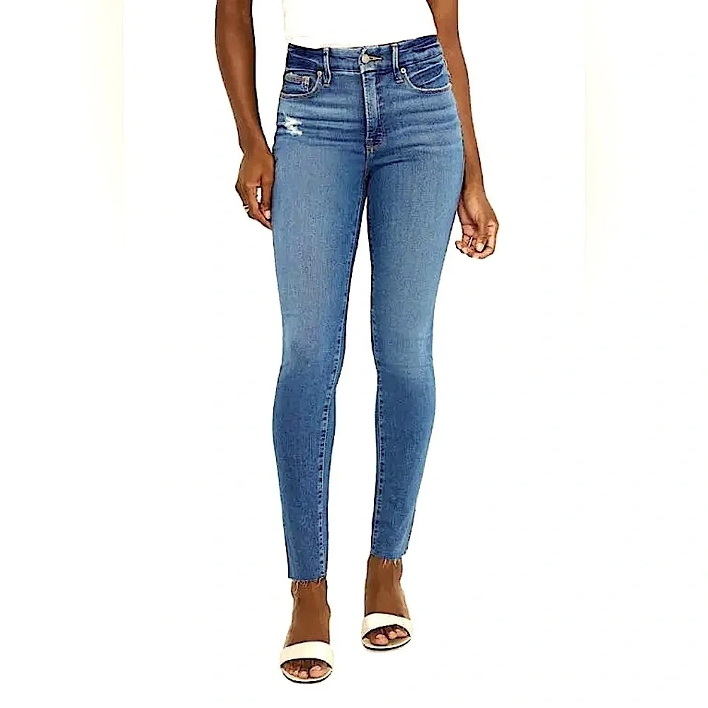 Good American Good Waist Skinny Jeans Raw Hem Plus Size Dark Blue - Picture 13 of 14